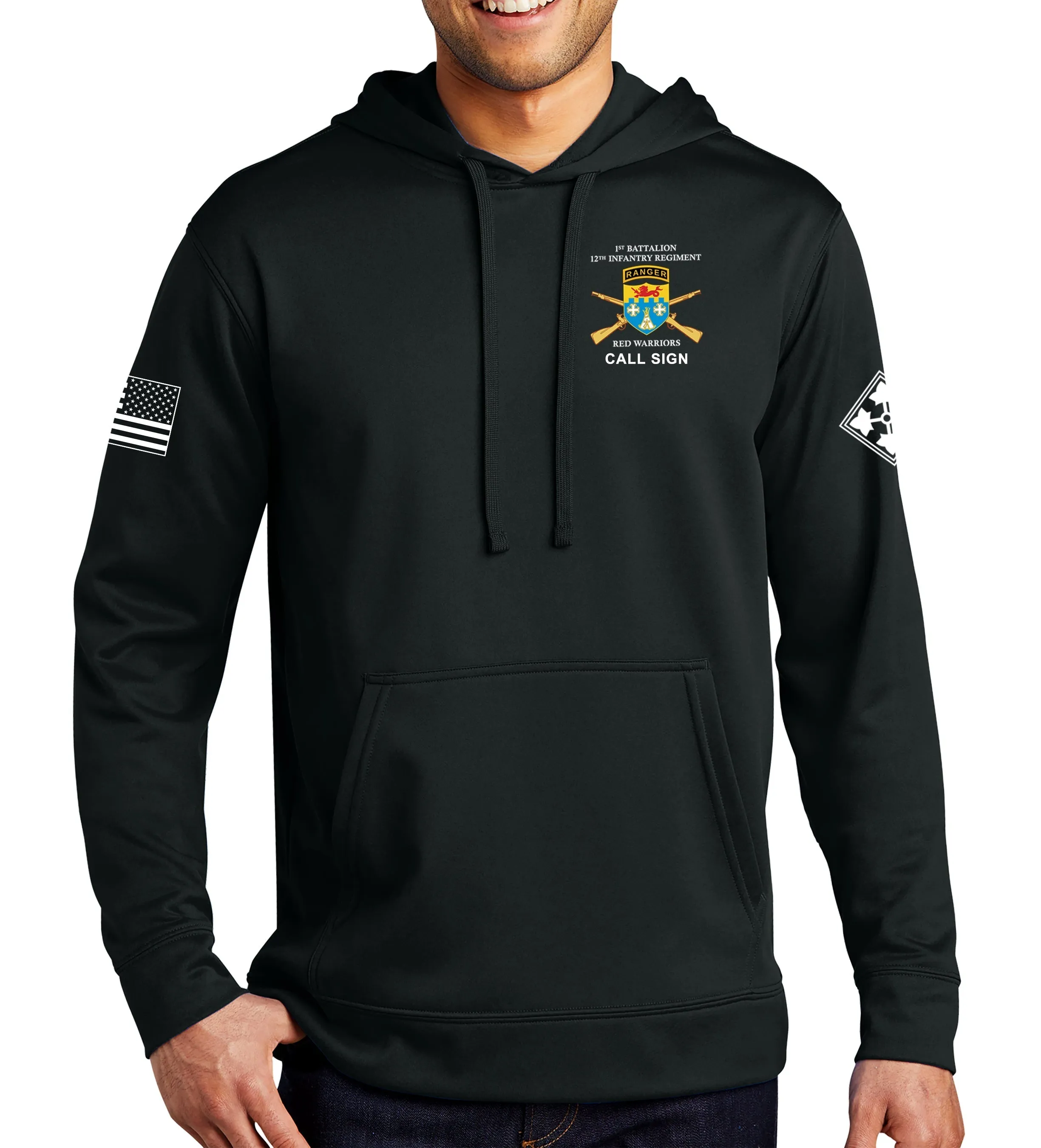 A Co Performance Hoodie Black on Black Sweatshirt. (This material is lighter than the 50-50) This sweatshirt is NOT approved for PT.