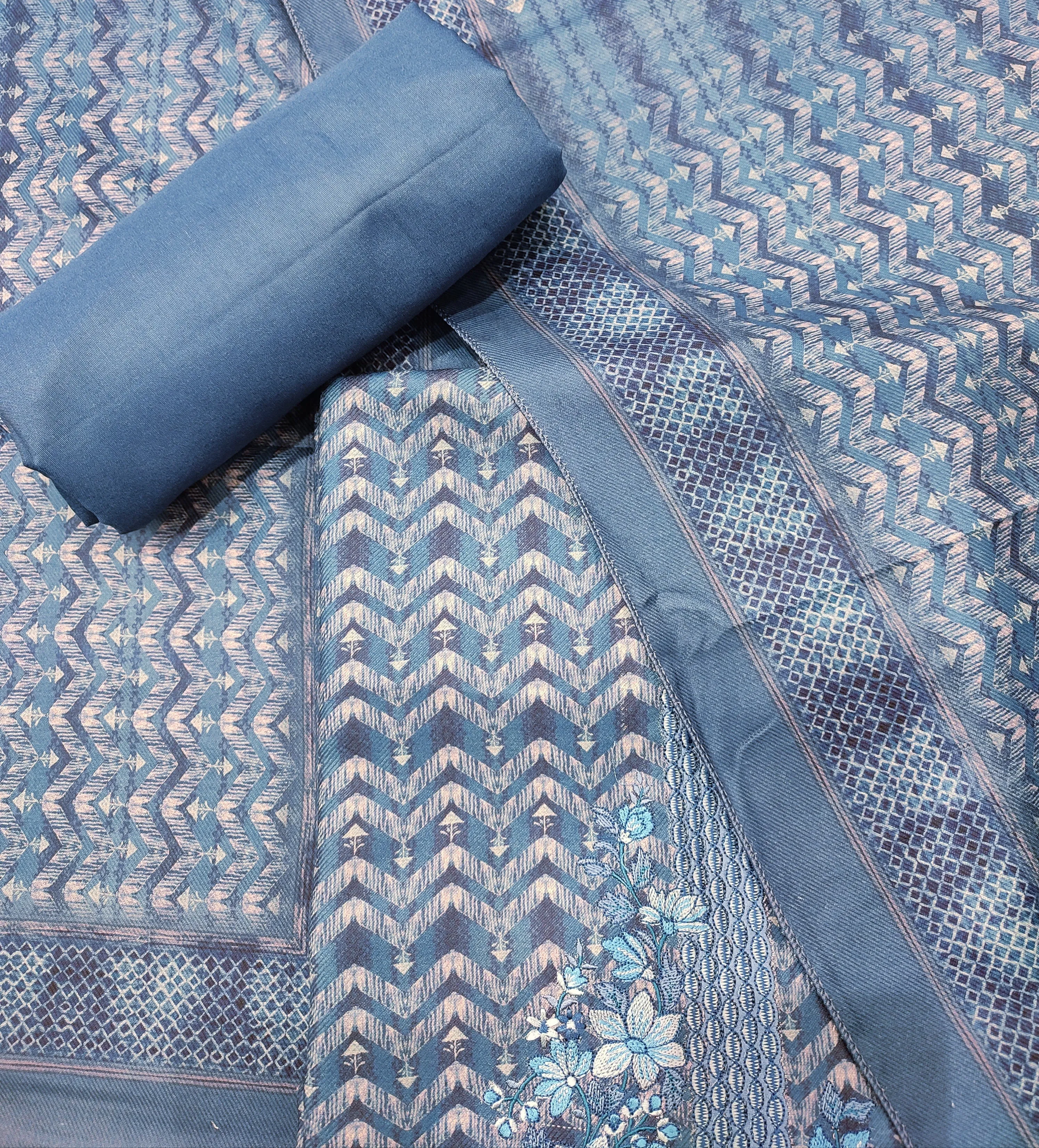 Blue Pashmina Unstitched Suit With Thread Embroidery
