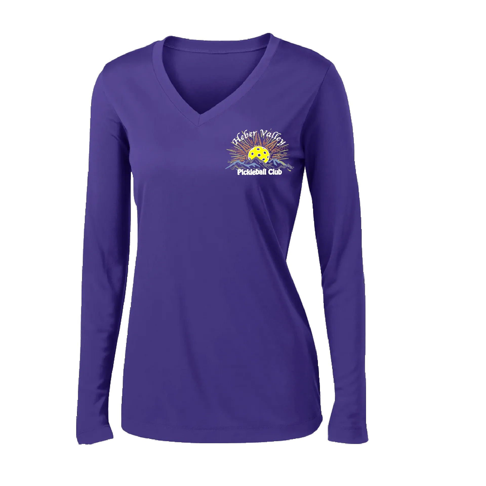 Heber Valley Pickleball Club (Small) | Women's Long Sleeve V-Neck Pickleball Shirts | 100% Polyester
