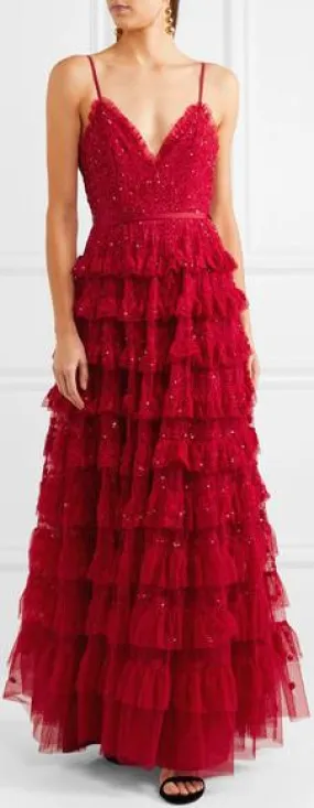 'Marie' Tiered Embellished Tulle Gown, Red